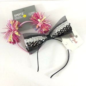 Lot of 2 Girls Headbands Bow Pom Sequins Pink